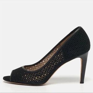 Tory Burch Elinor Laser Cut Black Suede Peep Toe Pumps